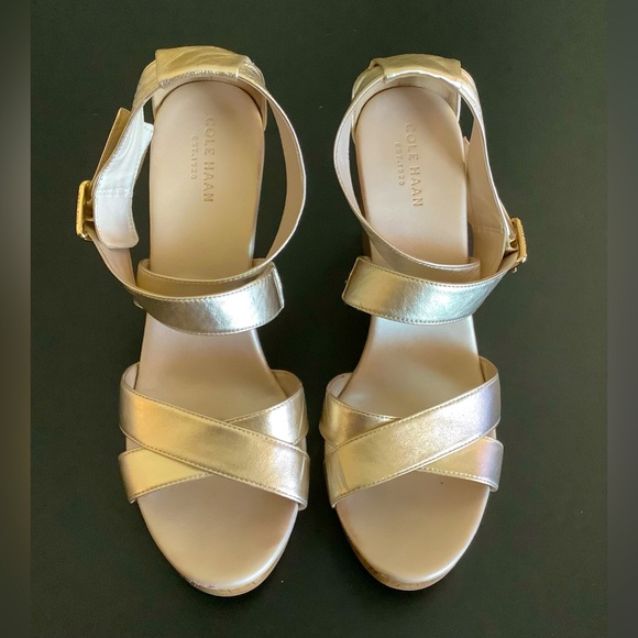 Cole Haan Gold Ankle Strap 4” Wedge Sandals Size 8.5 - Picture 1 of 6